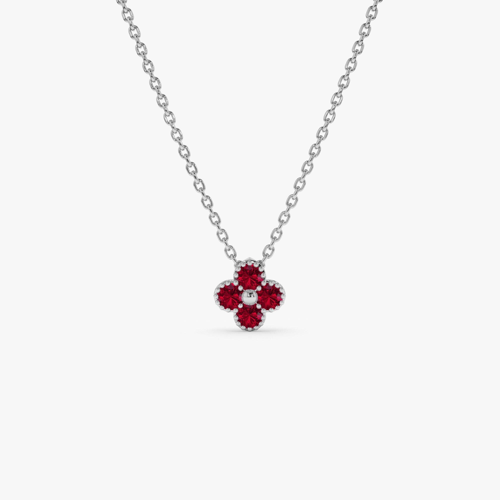 Ruby Clover Necklace, 14K Solid Gold 0.17 Ctw Ruby Flower