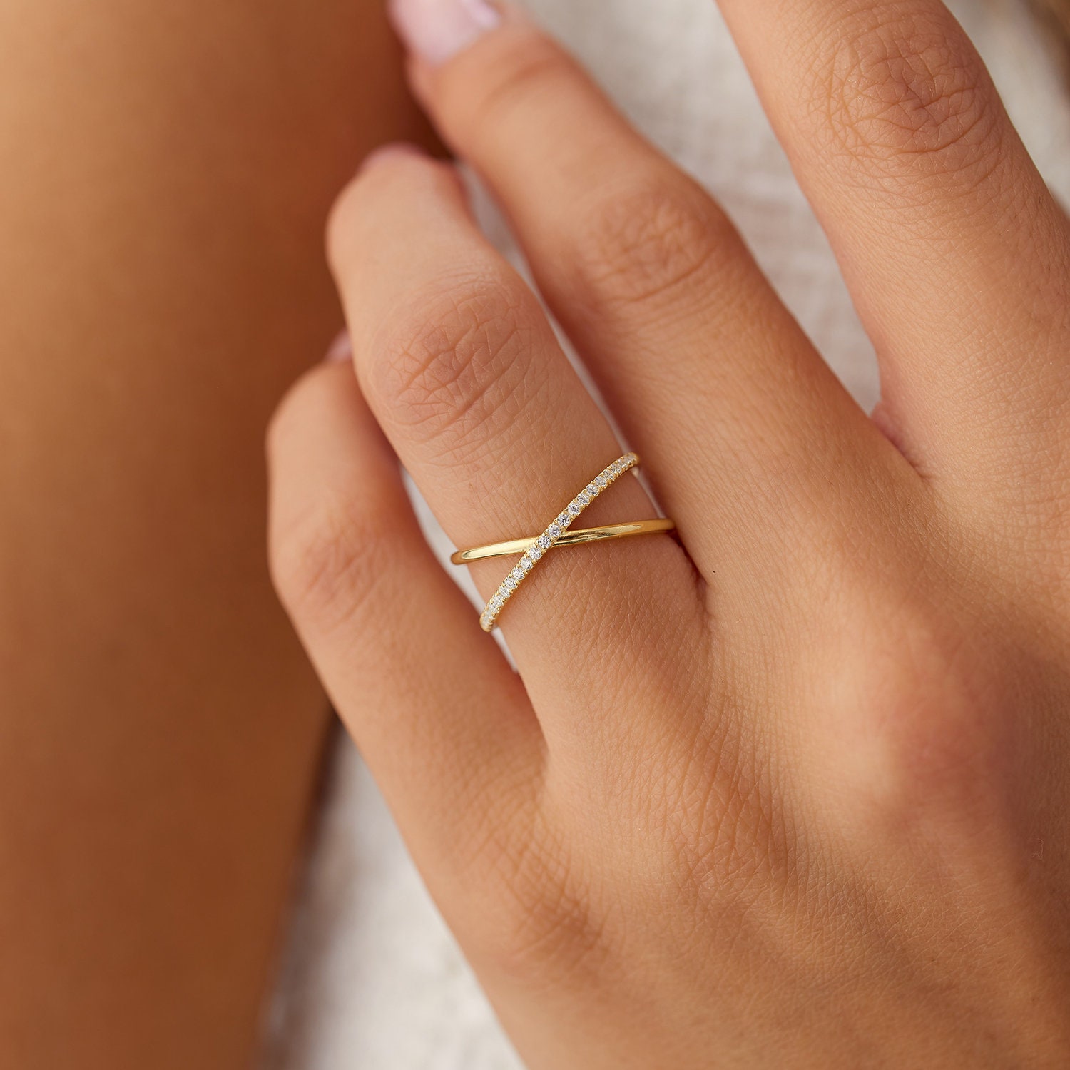 14k Gold Criss Cross Diamond Ring / Criss Cross Ring for Women