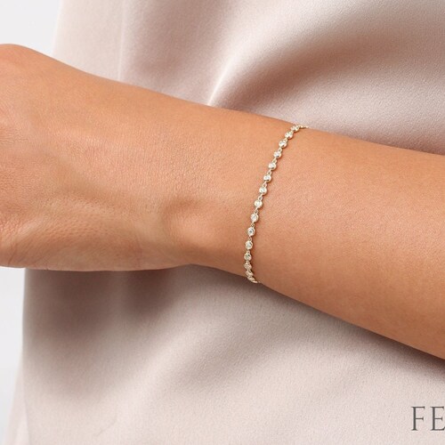 14k Gold Diamond Tennis Bracelet, Bezel Set Layering Bracelet