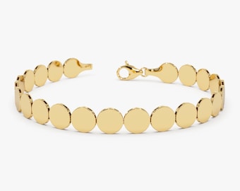 Gold Bracelet, 14K Gold 6.5MM Wide Round Link Bracelet, Stacking Modern Flat Link Bracelet, Unique Everyday All Shinny Layering Bracelet