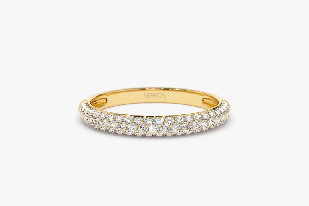 Diamond Wedding Band / 14k Gold 3 Row Half Eternity Diamond Band ...