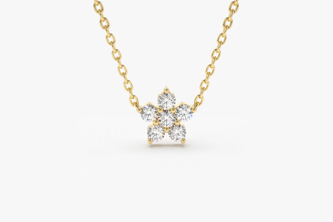 14k Flower Diamond Necklace / 14k Gold Necklace / Diamond Cluster