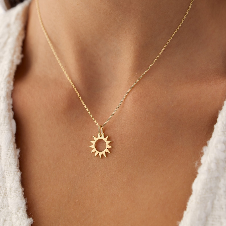 14k Solid Gold Sun Pendant Necklace  14k Solid Gold Sunshine Pendant Small Celestial Necklace Sunburst Charm Necklace for Women