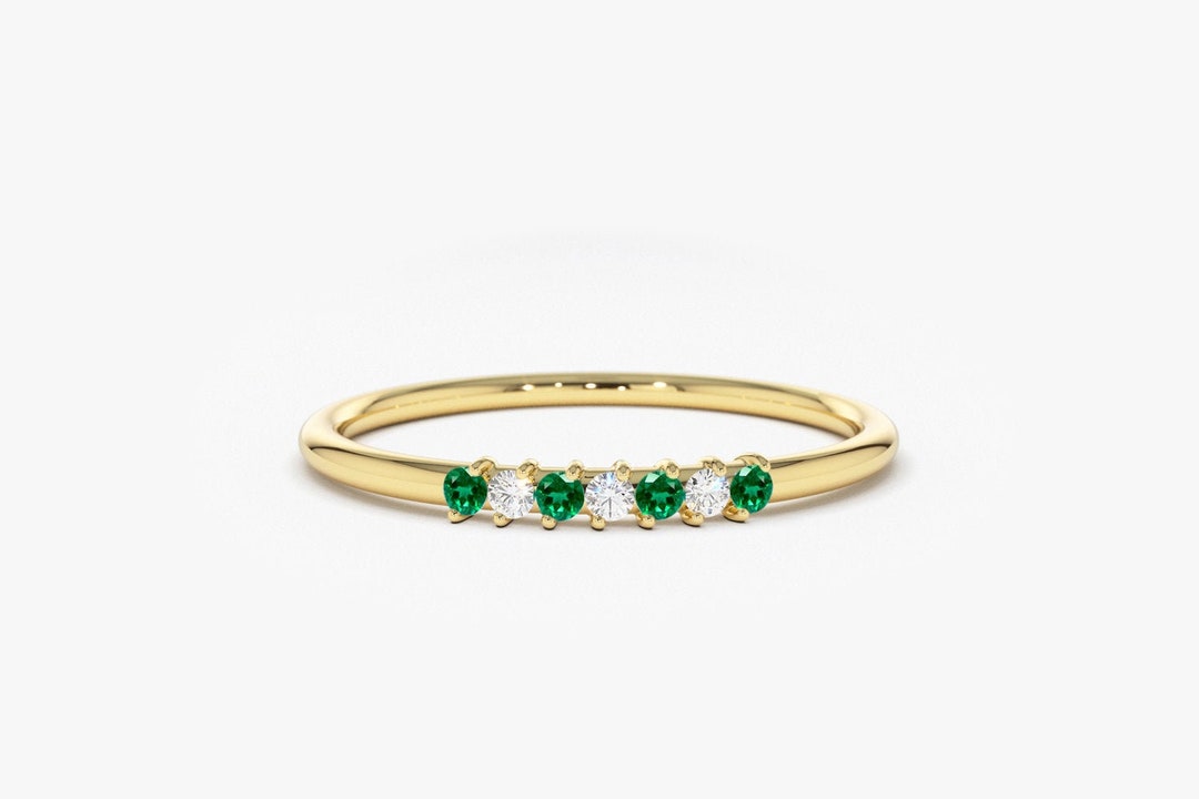 Emerald and Diamond Wedding Band in 14k Gold / Stackable Genuine ...