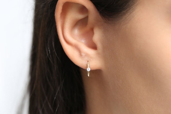 Diamond Hoops Earrings 14K Gold Single Bezel Set Diamond Hoops