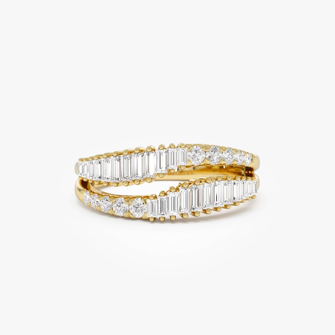 14K Gold Double Row Diamond Band, Gold Diamond Baguette Ring, Wavey ...