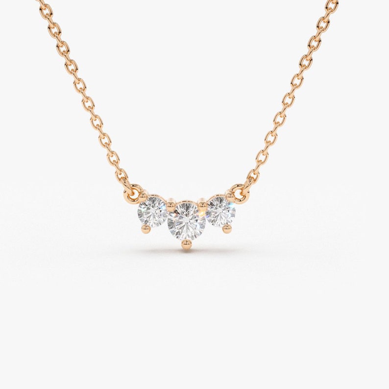 14k Rose Gold Three stone diamond necklace