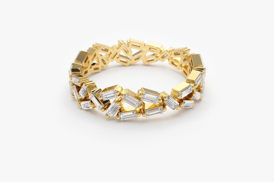 Full Eternity Baguette Ring / 14k Gold Baguette Diamond Cluster Ring
