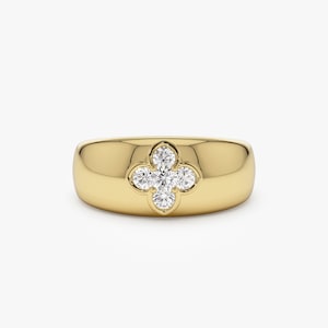 Bague trèfle gros diamants en or 14 carats par Ferkos Joaillerie, bague diamant tendance, bague cocktail dôme, cadeau pour elle