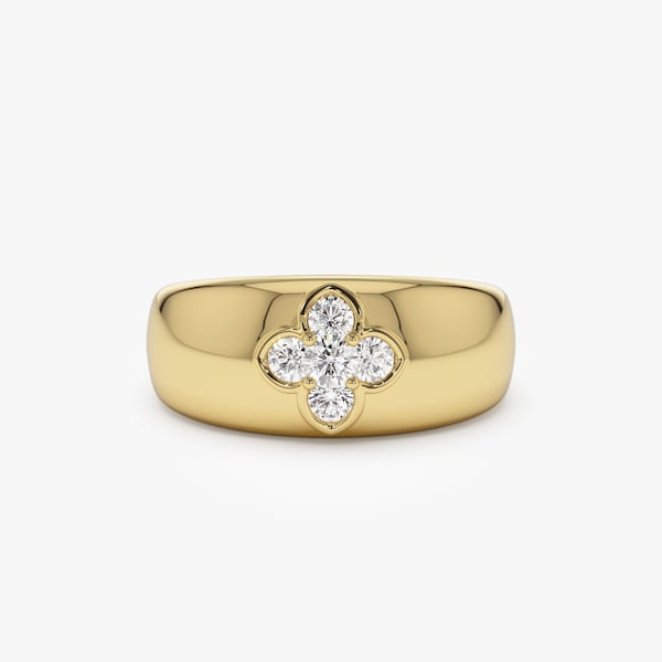 14k Gold Chunky Diamond Clover Ring by Ferkos Fine jewelry, Statement Diamond Ring, Dome Cocktail Ring, Gift for Her