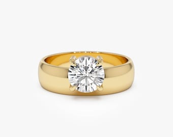 1.00 Carat Round Brilliant Lab Grown Diamond Engagement Ring, 14k Gold Brilliant Solitaire with Bold Gold Band Ferkos Fine Jewelry, Thalina