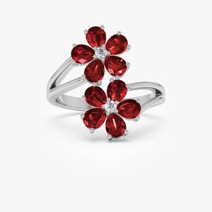 14k White Gold Ruby Double Flower Ring