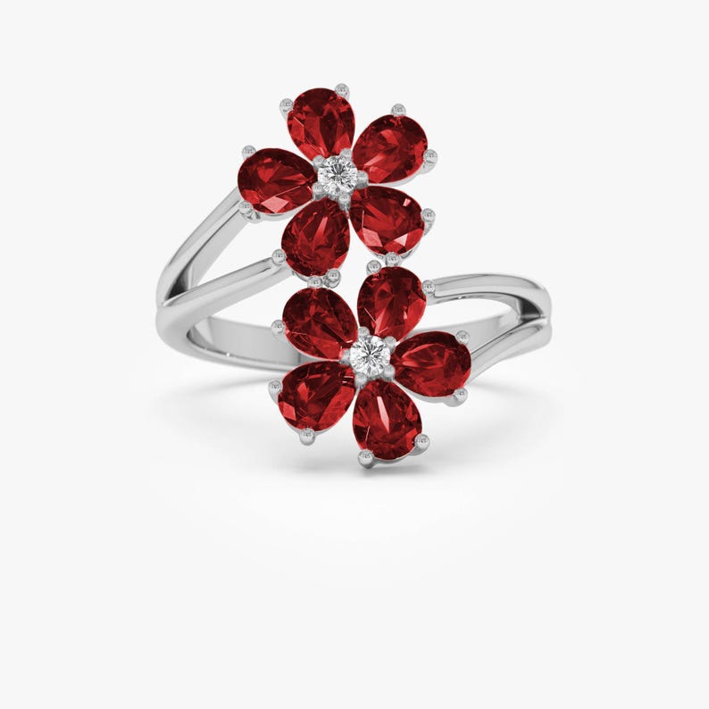 14k White Gold Ruby Double Flower Ring