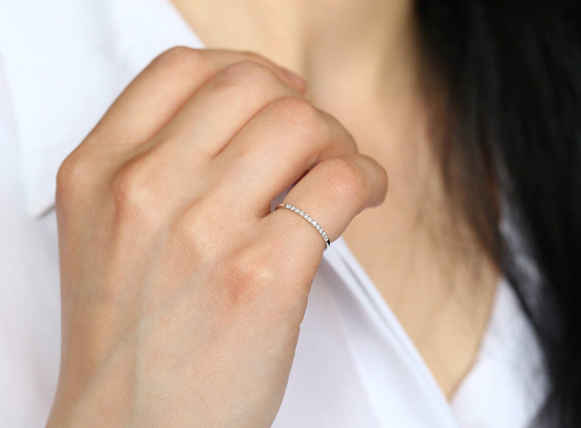 Yellow Gold Diamond Wedding Band Thin Diamond Wedding Ring Etsy