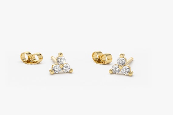 14k Gold Round Cut Diamond Trio Tiny Stud Earrings Simple Etsy