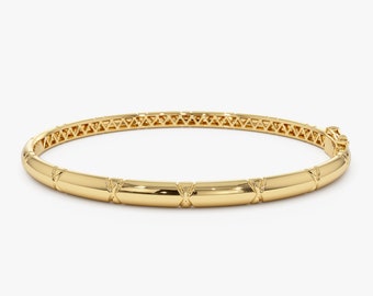 4MM Gold Dome Bangle, 14K Classic Bangle Bracelet, X Cut Design Gold Bracelet, Solid Gold Cuff Bracelet, Gift for Mom Idea For Mom,