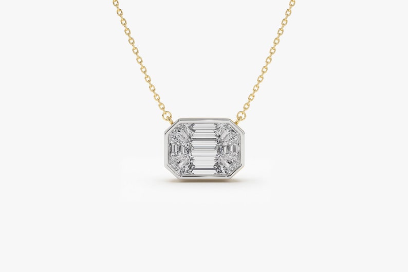 14k F Color VVS Clarity 1.25Ctw Look Emerald Cut Illusion Setting Diamond Necklace