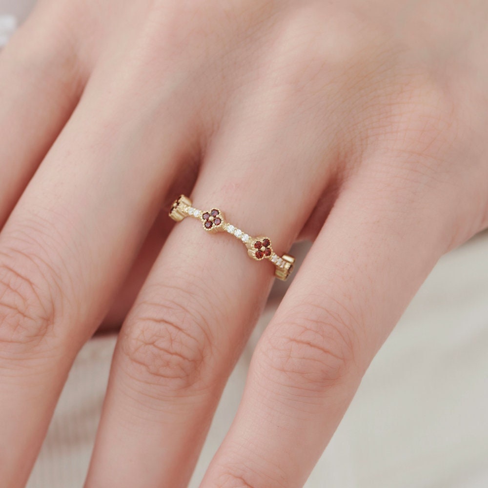 Clover Ring / Full Eternity Garnet and Diamond Ring in 14k