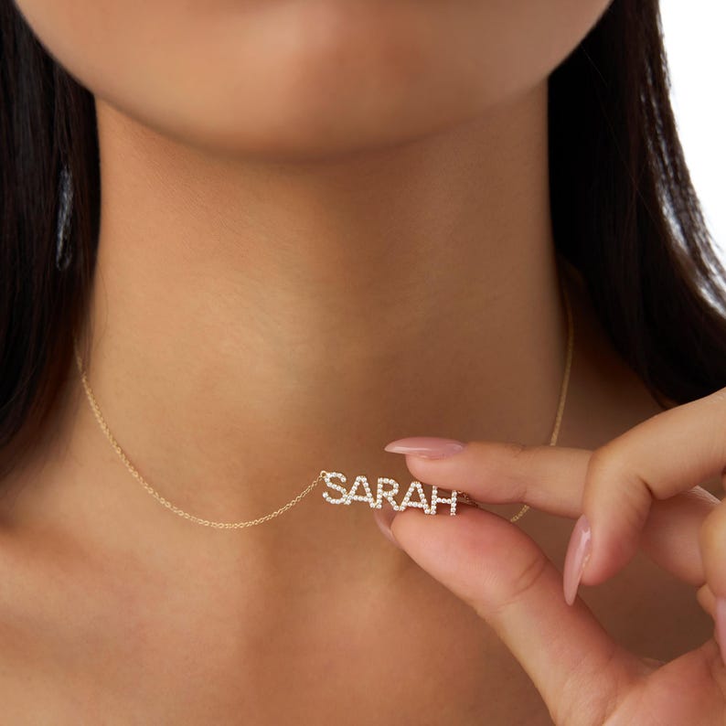 Personalized Diamond Name Necklace, 14K Gold Dainty Layering Name Necklace, Minimalist Customized Diamond Letter Necklace, Graduation Gift