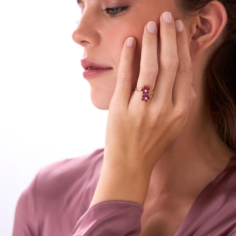 Ruby Statement Ring, 14k Ruby Double Flower Ring, Ruby Gemstone Floral Ring, Pear Shaped Ruby Ring, Diamond Accent Gold Ring, May Birthstone