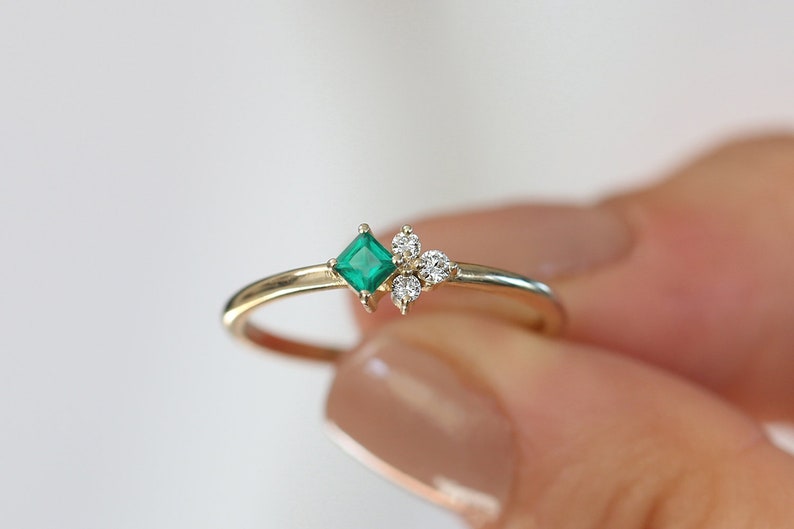 Emerald Ring / 14k Simple Dainty Princess Cut Emerald and - Etsy