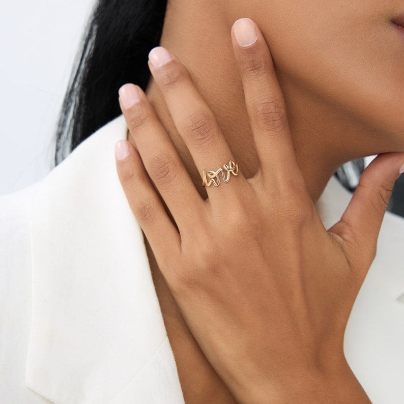 Script Love Ring, 14K Solid Gold Stackable Ring, Minimalist Statement ...