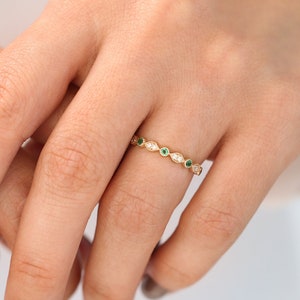 14k Gold Art Deco Emerald and Diamond Half Eternity Women Wedding Ring / Stackable Emerald Diamond Ring May Birthstone Ring