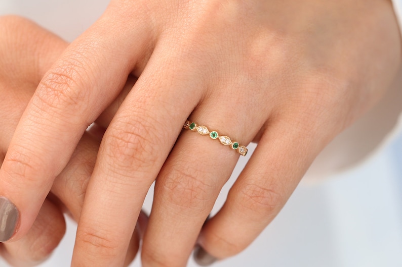 14k Gold Art Deco Emerald and Diamond Half Eternity Women Wedding Ring / Stackable Emerald Diamond Ring May Birthstone Ring