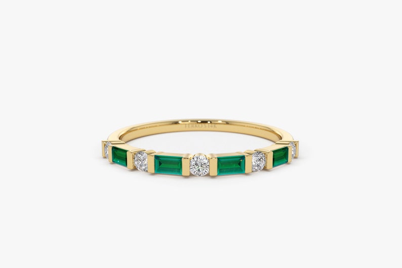 14k Solid Gold Natural Emerald Baguette and Genuine Round Diamond Stackable Womens Wedding Ring