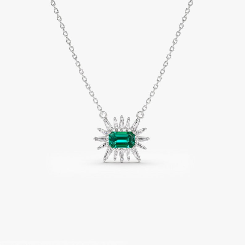 14k White Gold Tapered Baguette Diamond necklace with an Emerald