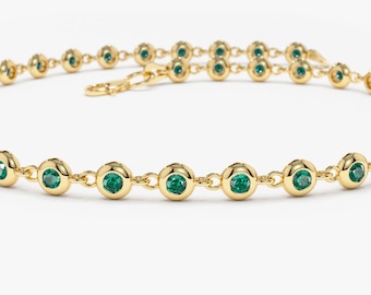 Emerald Bracelet / 14k Gold Bezel Set Emerald Tennis Bracelet/ Multi-stone Emerald Layering Bracelet / Birthday Gift