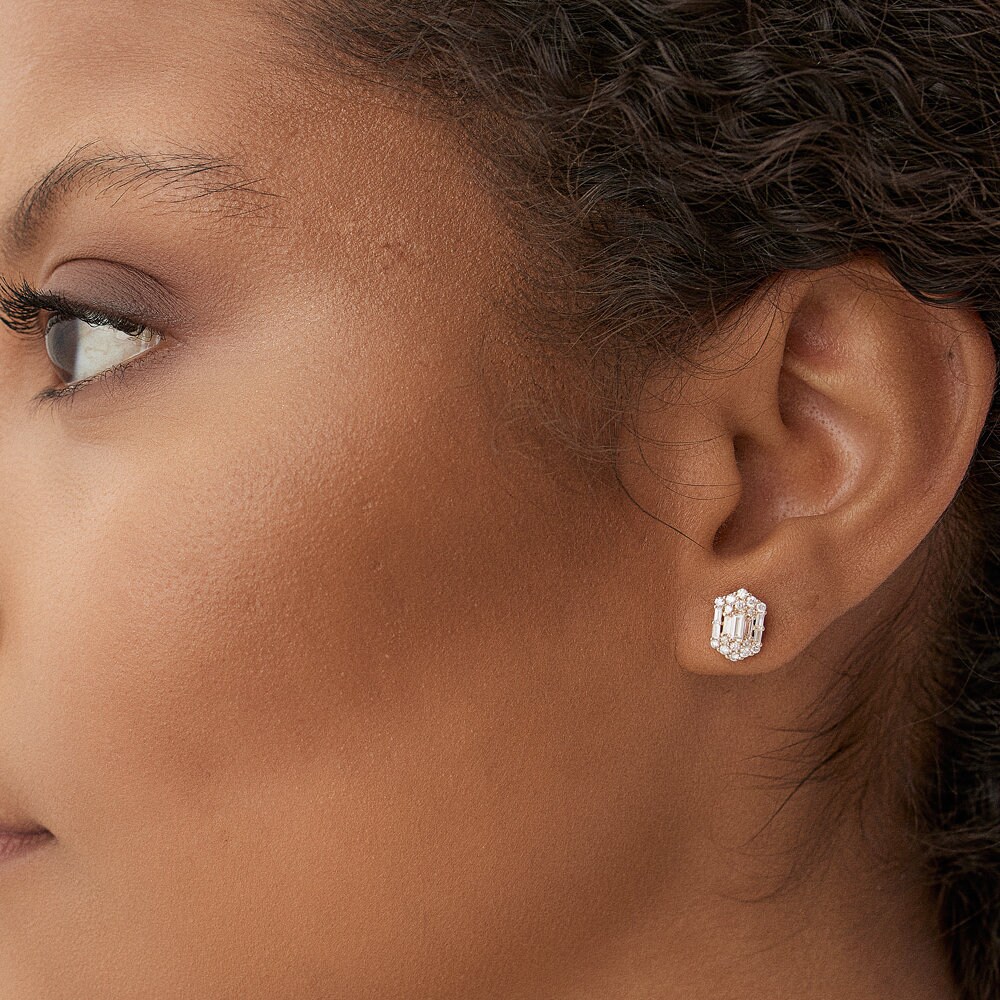 Baguette Earrings / 14k Baguette Diamond Hexagon Studs