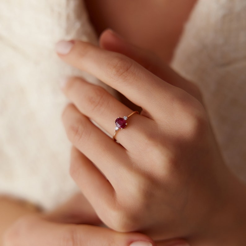 Ruby Ring / Ruby Engagement Ring in 14k Gold / Oval Cut Natural 3 Stone Ruby Diamond Ring/ July Birthstone/ Promise Ring