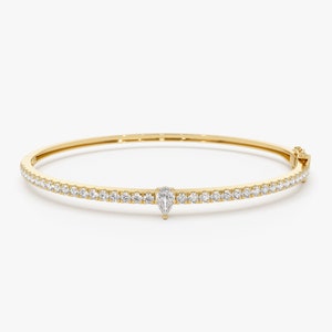 Gold Diamond Stacking Bracelet, Pear Shape Diamond Bracelet, 14K Diamond and Gold Bangle Bracelet, Round Pave Diamond Bracelet Bangle