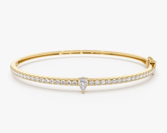 Gold Diamond Stacking Bracelet, Pear Shape Diamond Bracelet, 14K Diamond and Gold Bangle Bracelet, Round Pave Diamond Bracelet Bangle