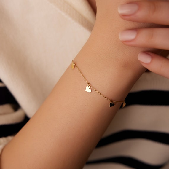 Heart Bracelet / 14k Solid Gold Dangle Heart Bracelet / Heart