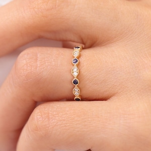 14k Gold Art Deco Sapphire and Diamond Half Eternity Womens Wedding Ring / Stackable Sapphire Diamond Ring / September Birthstone Ring