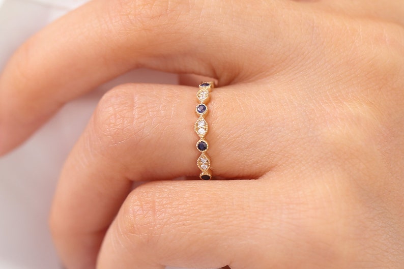 14k Gold Art Deco Sapphire and Diamond Half Eternity Womens Wedding Ring / Stackable Sapphire Diamond Ring / September Birthstone Ring