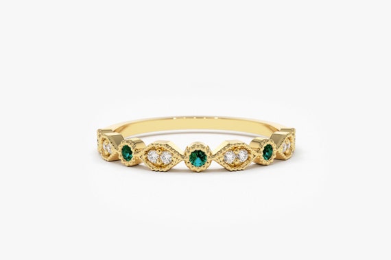 14k Gold Art Deco Emerald and Diamond Half Eternity Women Wedding Ring / Stackable Emerald Diamond Ring May Birthstone Ring