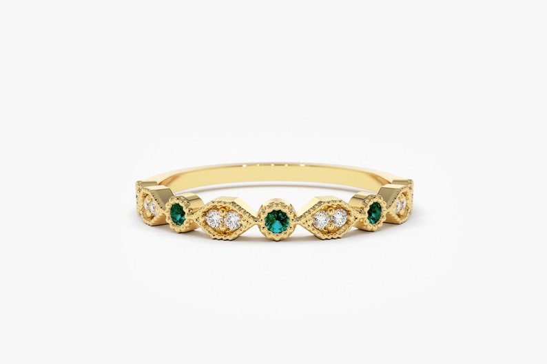14k Stackable Emerald Diamond Ring