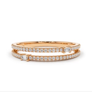 14k Rose Gold Double Row Micro Pave Ring with Baguette Diamonds