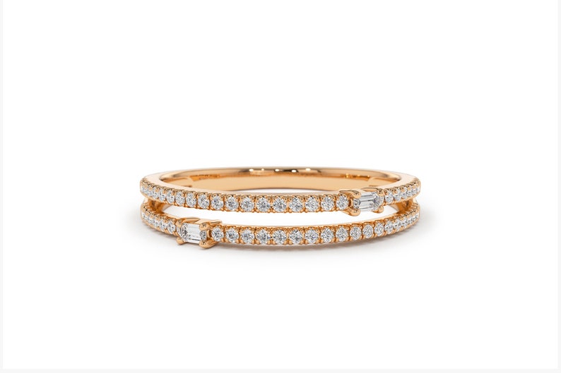 14k Rose Gold Double Row Micro Pave Ring with Baguette Diamonds