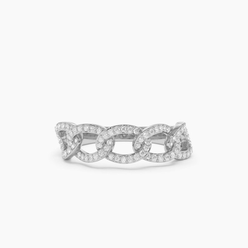 14k White Curb Link Diamond Pave Ring
