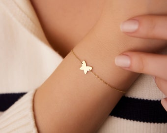 14k Gold Bracelet / 14K Gold Charms  / Trendy Gold Butterfly Charm Bracelet /  Dainty Layering Butterfly Bracelet by Ferkos Fine Jewelry