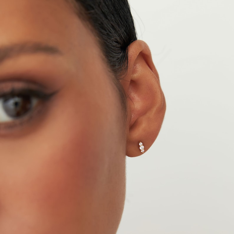 14k Triple Diamond Stud Earrings, Small Round Diamond, Daggering Diamond Studs, Small Dainty Stud Earrings, Solid Gold Earrings