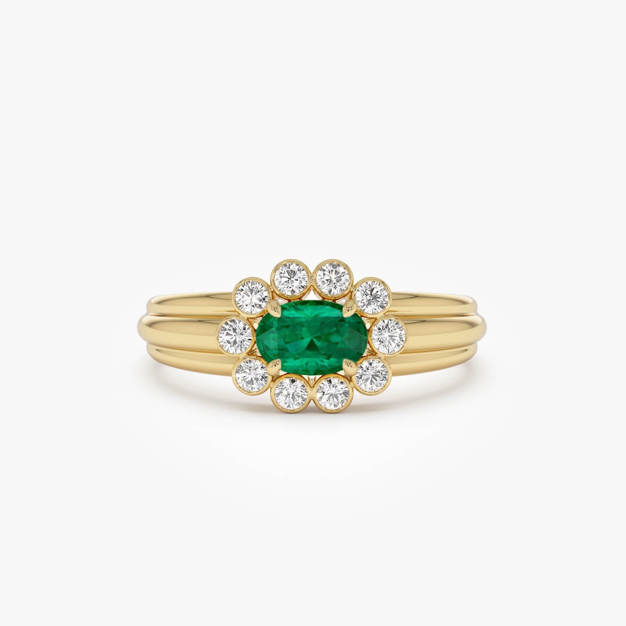 14k Gold Emerald and Diamond Halo Ring, Vintage-Inspired Engagement or Anniversary Gift, Fine Jewelry for Women