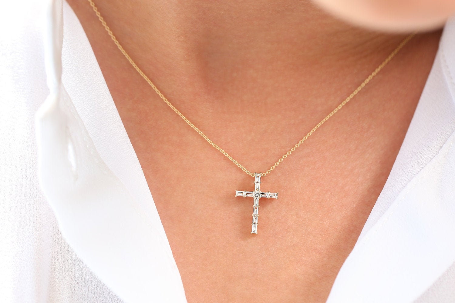 14k Gold Baguette Diamond Cross Necklace Available in Rose Gold