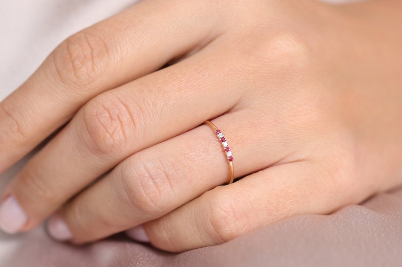 Ruby and Diamond Wedding Band in 14k Gold Stackable Genuine Ruby Ring July Birthstone Rose Gold and White Gold