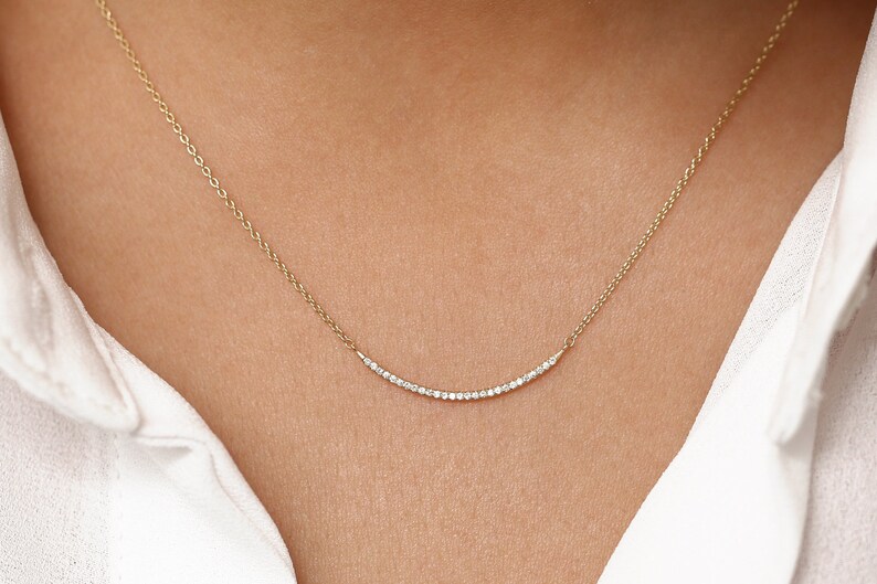 Diamond Bar Necklace / 14k Solid Gold Diamond Curved Bar Etsy