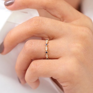 14k Gold Art Deco Sapphire and Diamond Half Eternity Womens Wedding Ring / Stackable Sapphire Diamond Ring / September Birthstone Ring